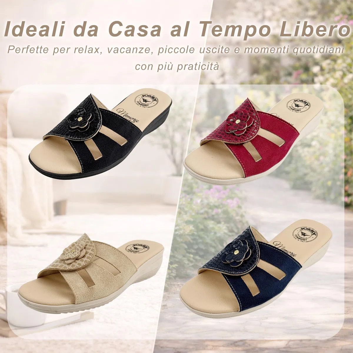 JOMIX Ciabatte Donna Estive con Zeppa 4,8 cm Pantofole da Casa con Strappo Comfort Memory Made in Italy Fascia Regolabile Suola Antiscivolo Punta Aperta Eleganti con Fiore