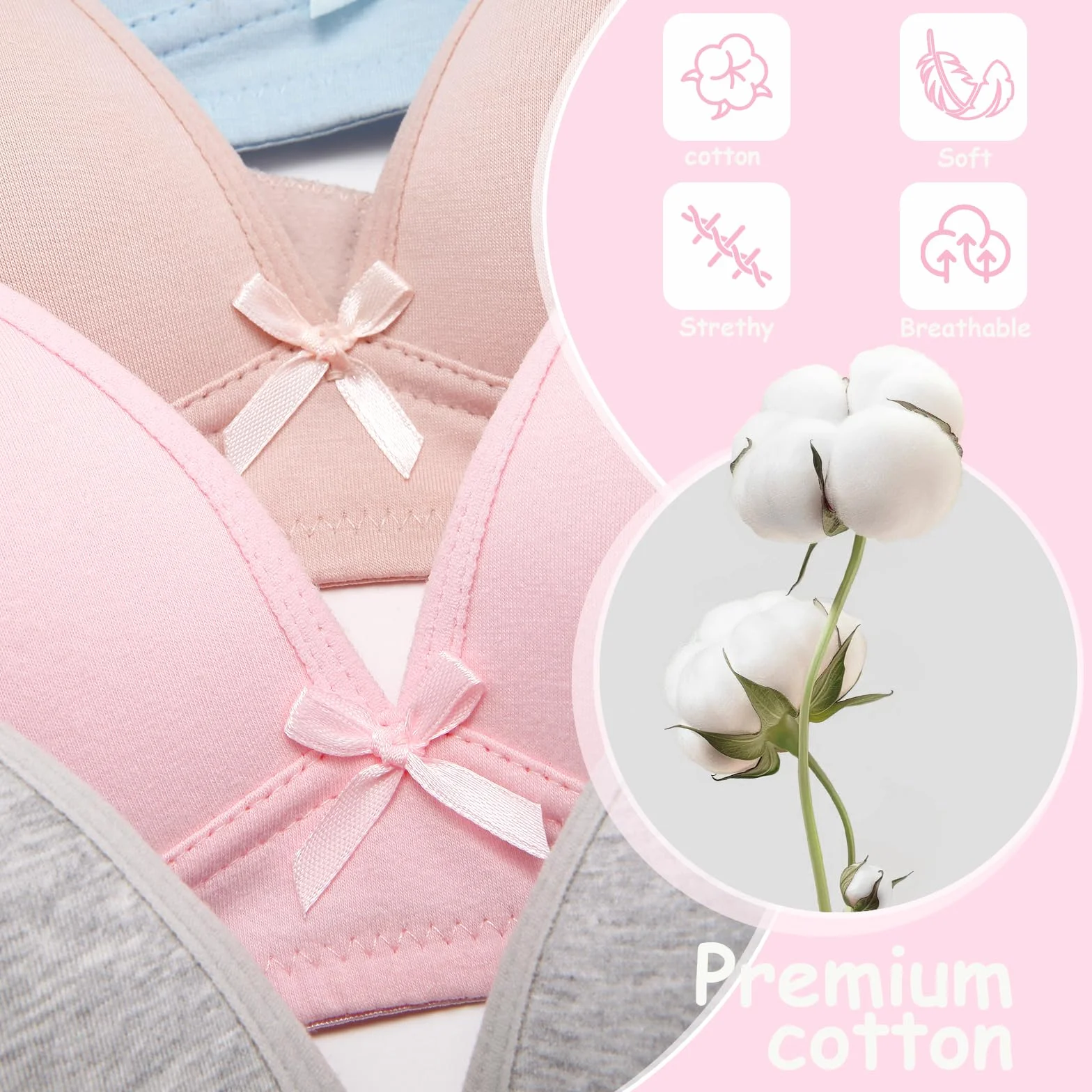 Reggiseno da bambina, in cotone, senza ferretto, tinta unita, spalline regolabili, coppa A