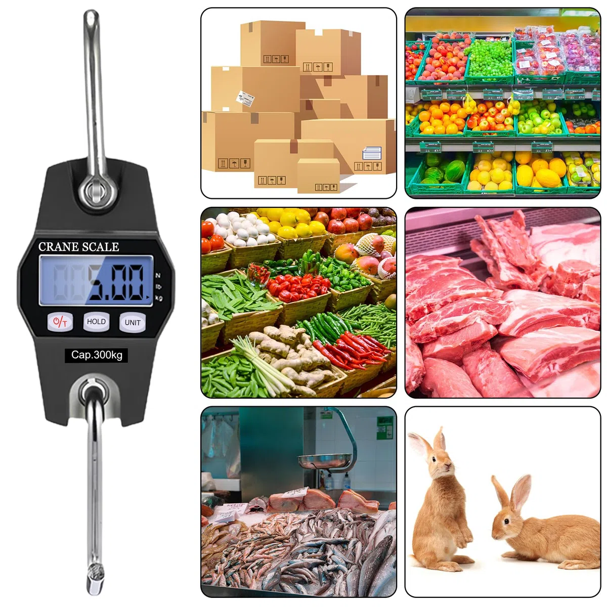 Bilancia sospesa, portatile, digitale, 300 kg, bilancia digitale con gancio, bilancia elettronica con display LCD e sensore a molla di ricarica preciso per viaggi, vita familiare, valigia, pesca (nero