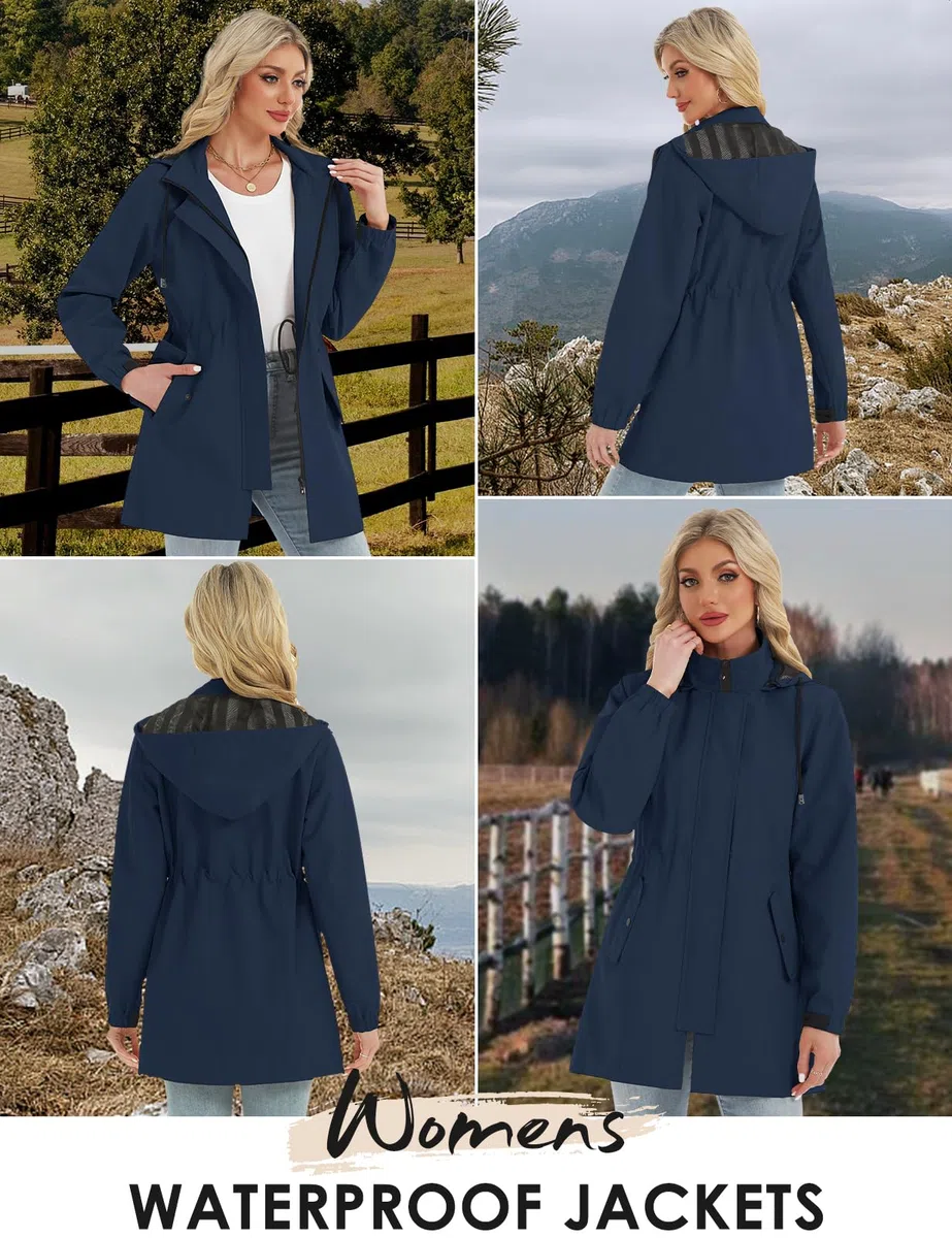 Tuopuda Giacca da Pioggia da Donna Lungo Cappuccio Impermeabile Antipioggia Donna Giacca a Vento Cappuccio Mantella Leggera Poncho Impermeabile per Campeggio all'aperto Escursionismo