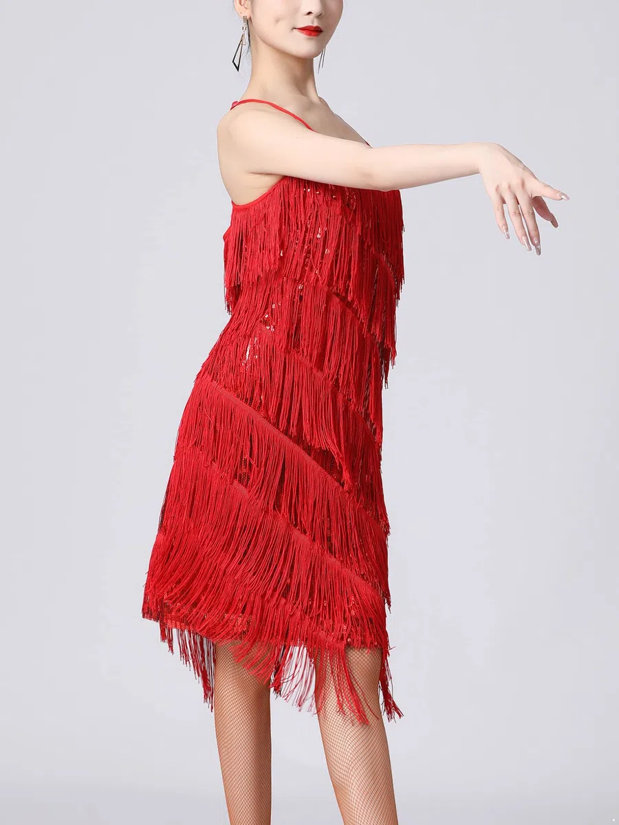 Freebily Abiti da Ballo Donna Senza Maniche Tango Latin Jazz Paillettes Nappa Abito Vestito Vestiti da Latino Americano Frange Lustrino Vestiti da Rumba Salsa Samba