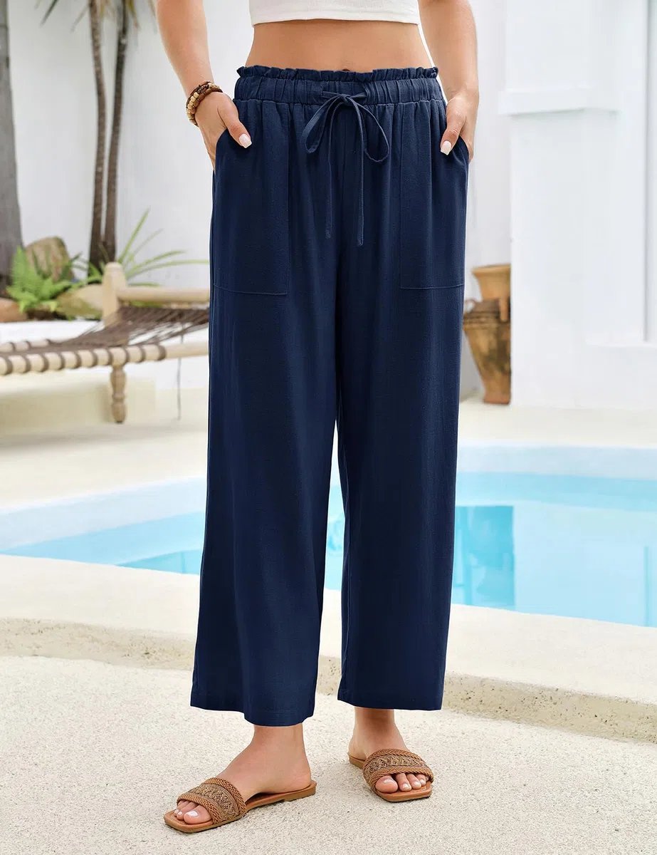 HEEKPEK Pantaloni Lino Donna Estivi Pantaloni Larghi Leggeri Elastico Vita Alta 7/8 Pantalone Comodi Gamba Larga Pantaloni Casual da Spiaggia con Tasche