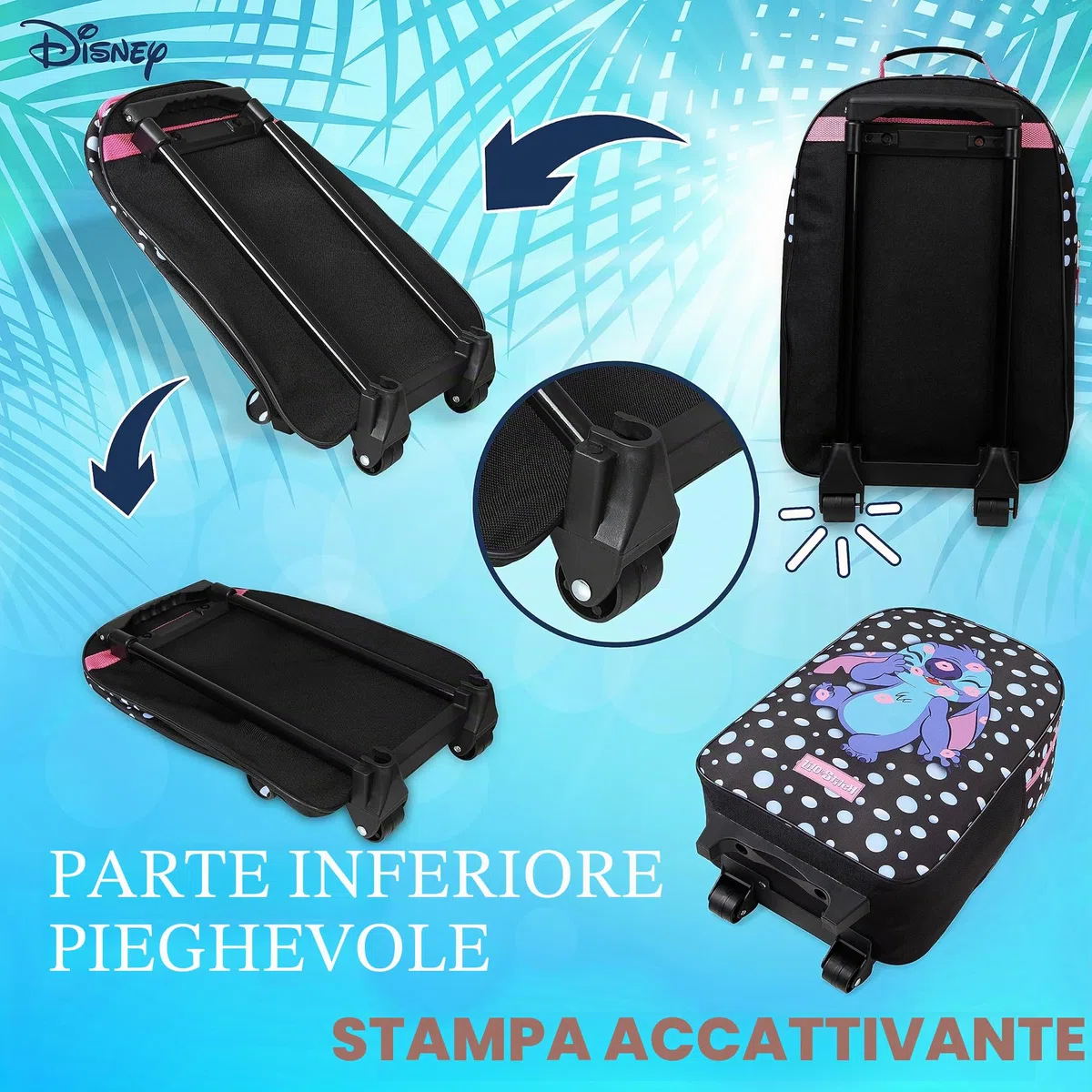 Disney Trolley Bambina Valigia Trolley Minnie Stitch Frozen Valigia per Bambini da Viaggio Bagaglio a Mano Cabin Bag 2 Ruote Accessori Minnie Elsa Stitch Gadget (Nero Stitch)