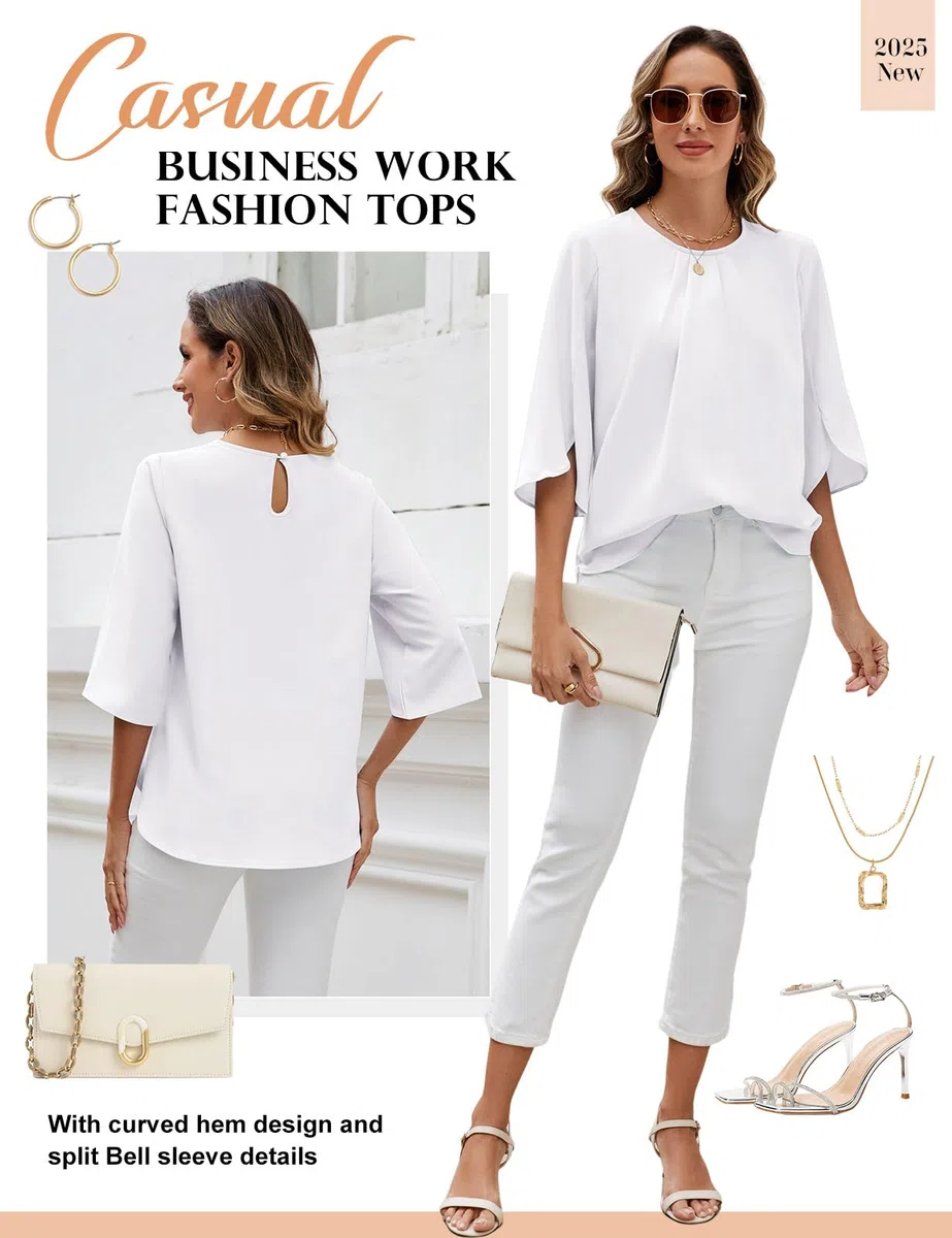 Camicia Donna Elegante Manica a 3/4 Top Blusa a Girocollo in Chiffon Casual Camicetta Estiva Tinta Unita Manicotto Split Maglietta da Lavoro
