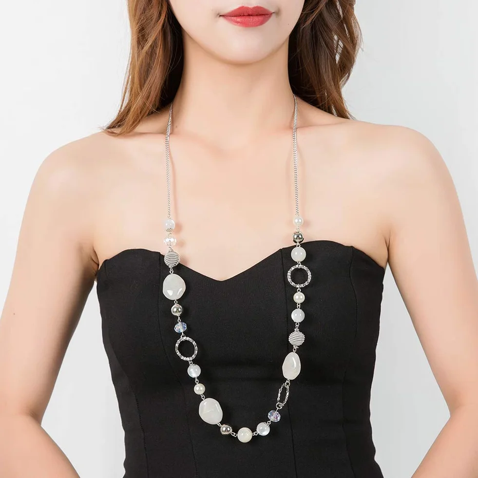 Collana lunga da donna con perle in stile boho, in argento, per anniversario di matrimonio, gioiello alla moda