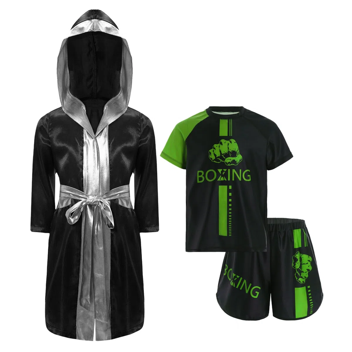Bambini Ragazzo Completo Accappatoio Pantaloncini da Boxe E Tshirt Vestito con Cappuccio Kick Boxing Combattimento Muay Thai MMA Abbigliamento Sportivo