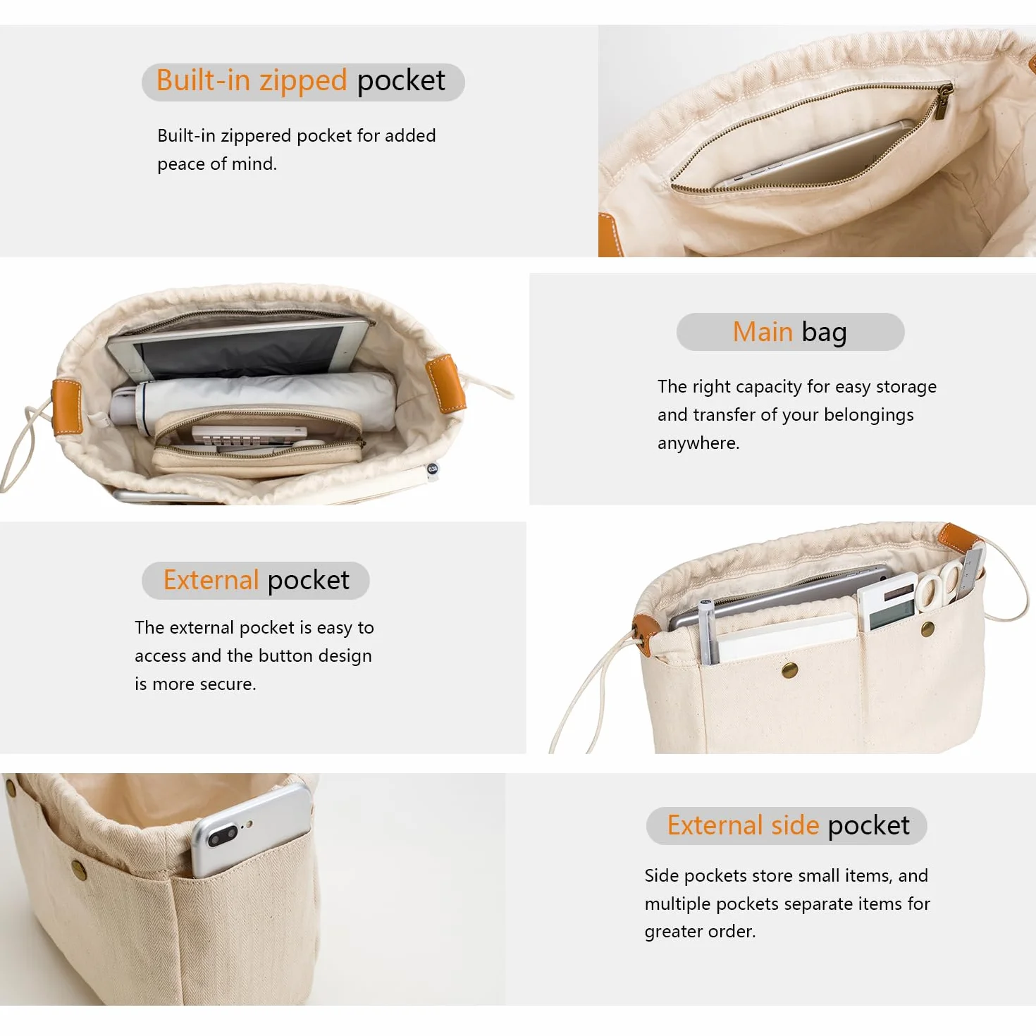 Organizer per borsetta, organizer per borse Easy con cerniera, divisorio interno per borse e tote shaper Tote Bag in Bag Organizer per borsa interna (M)
