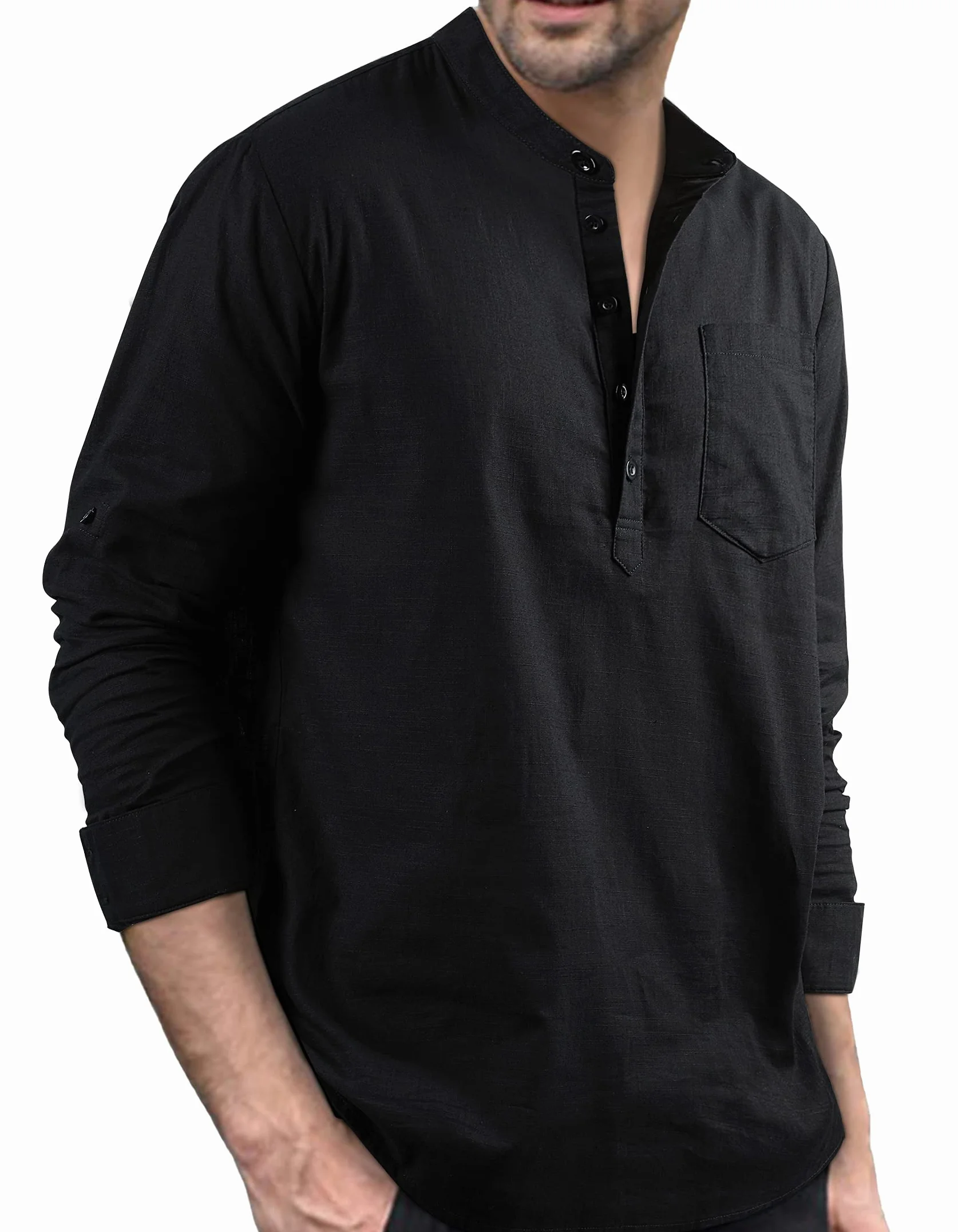 Enlision Uomo Camicia in Lino di Cotone Manica Lunga Henley Shirt con Bottoni Casual Hawaii in Tinta Unita Maglietta T-Shirt da Uomo per Interni Spiaggia Hippie