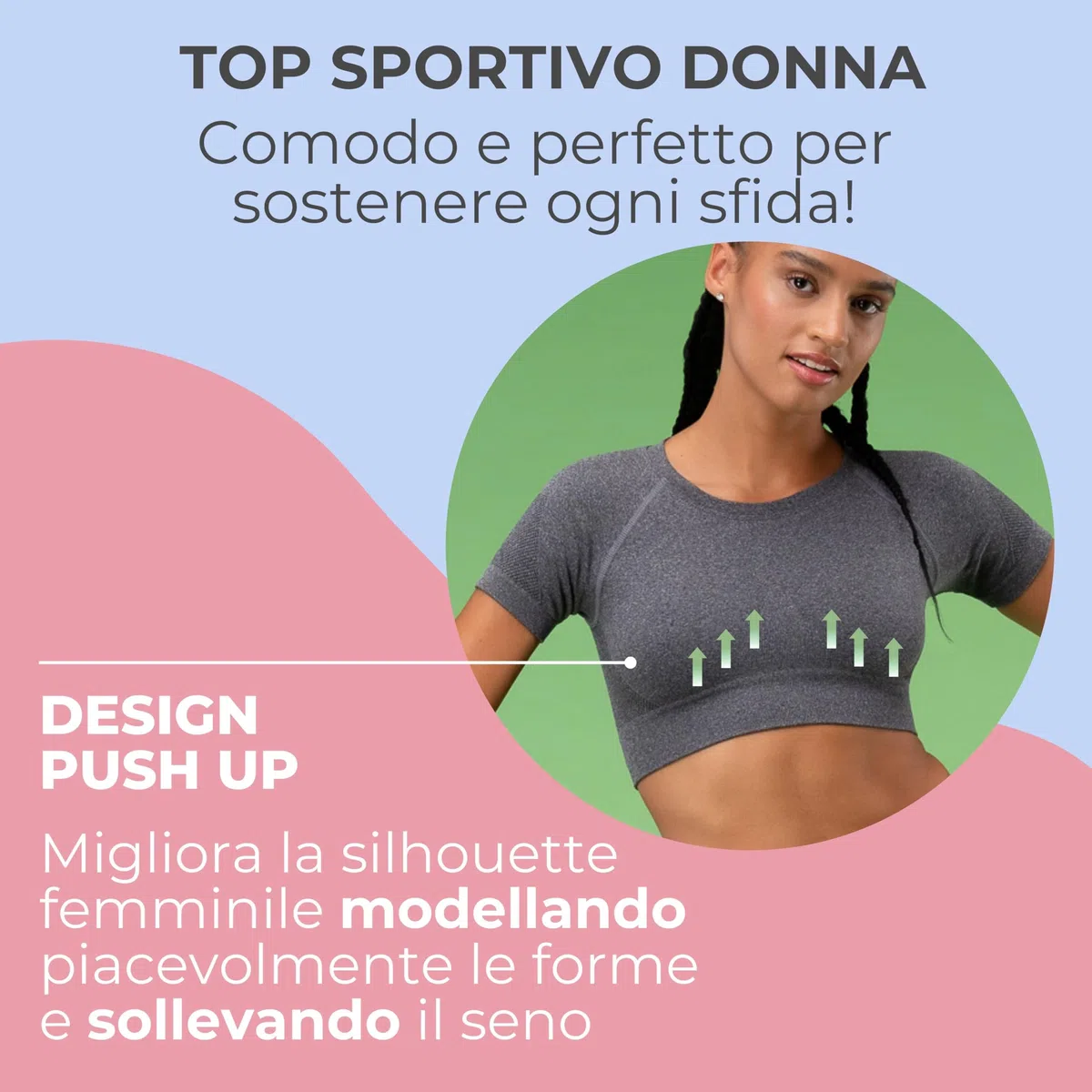 FOCENZA Top Sportivo Donna a Maniche Corte, Crop Top Effetto Push Up in Microfibra Morbida e Traspirante, Made in Italy