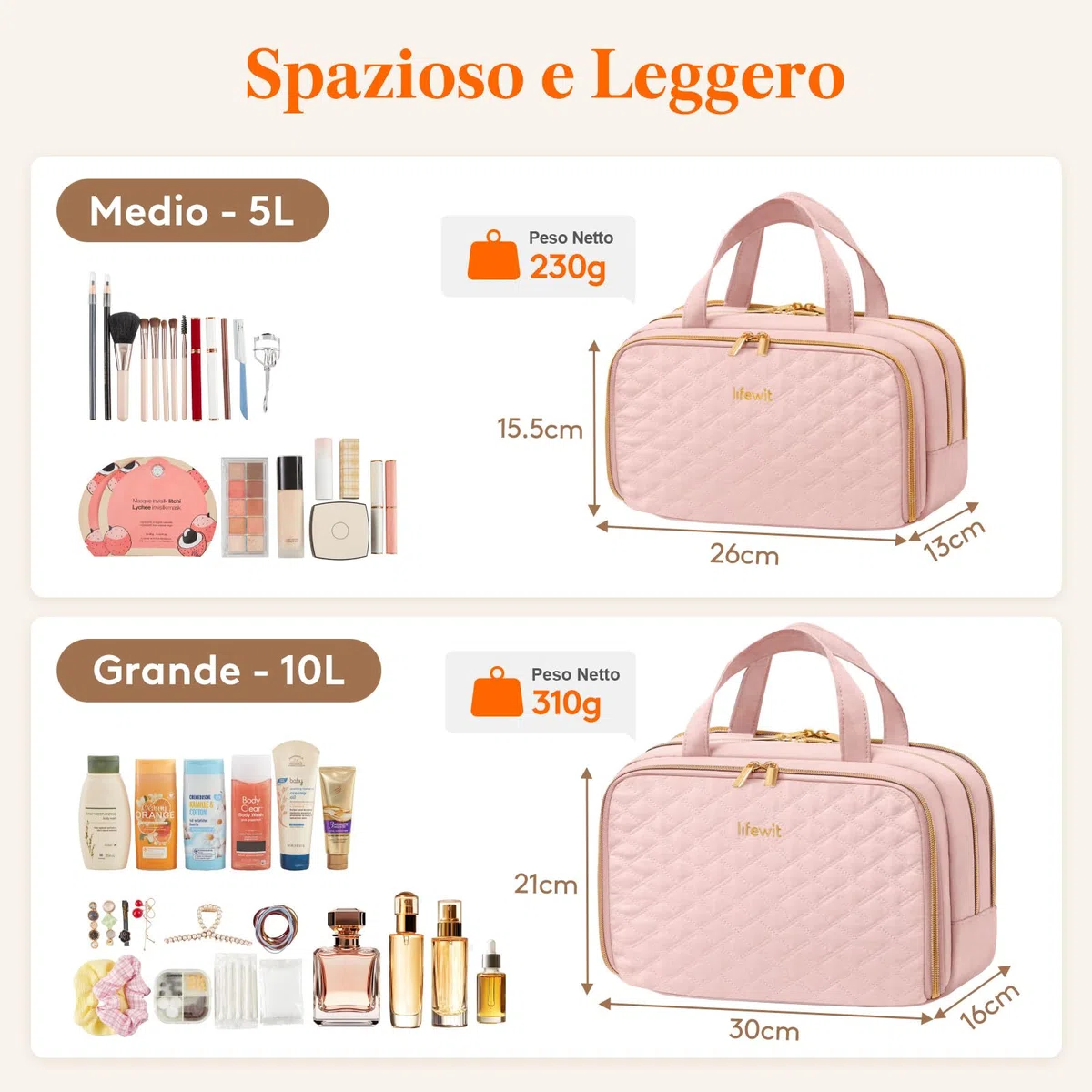 Lifewit Beauty Case da Viaggio da Donna, Beauty da Viaggio, Beauty Case Donna Uomo, Borsa da Toilette, Morbido Pochette Grande con Manico, Porta Trucchi, Regalo per Donna, L, Rosa