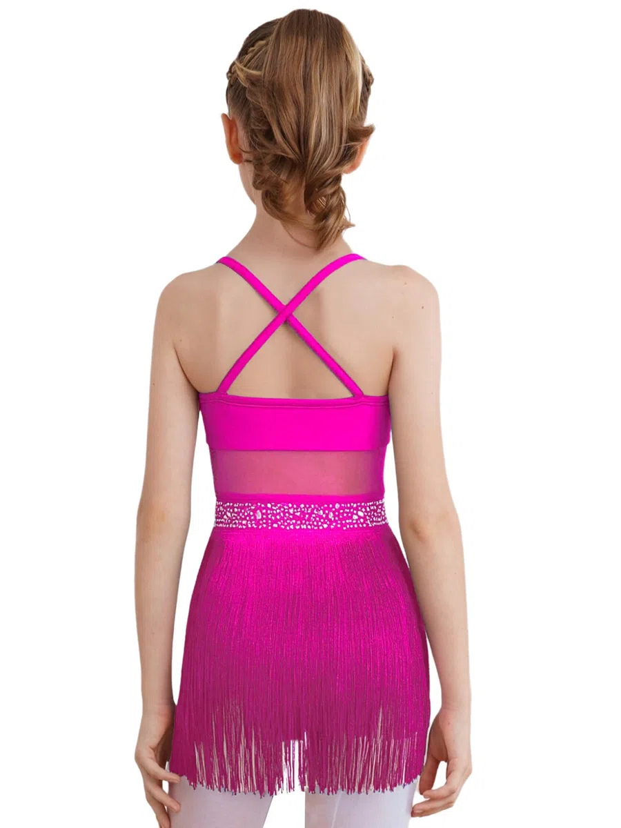 Kaerm Body Ginnastica Ritmica Bambina Abito da Ballo Latino Americano con Frange e Nappe Vestito da Danza Classica Moderna Costume Danza Samba Rumba Salsa Dancewear