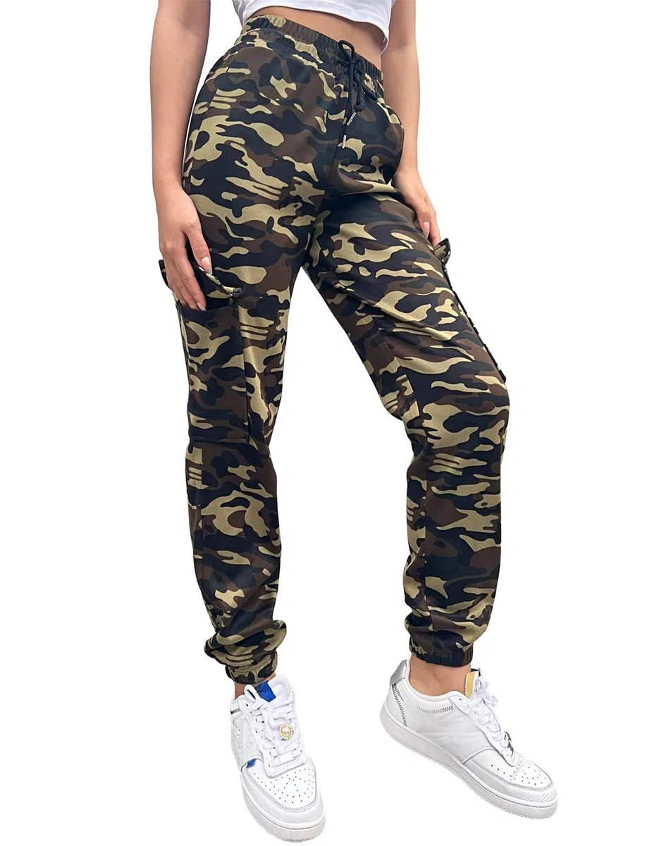 Nuofengkudu Harem Pantaloni della Tuta da Donna Mimetici Elastico Vita Alta Coulisse Tasche alla Caviglia Laterali Petite Cargo Joggers Leggeri Sportivi Jogging Pants