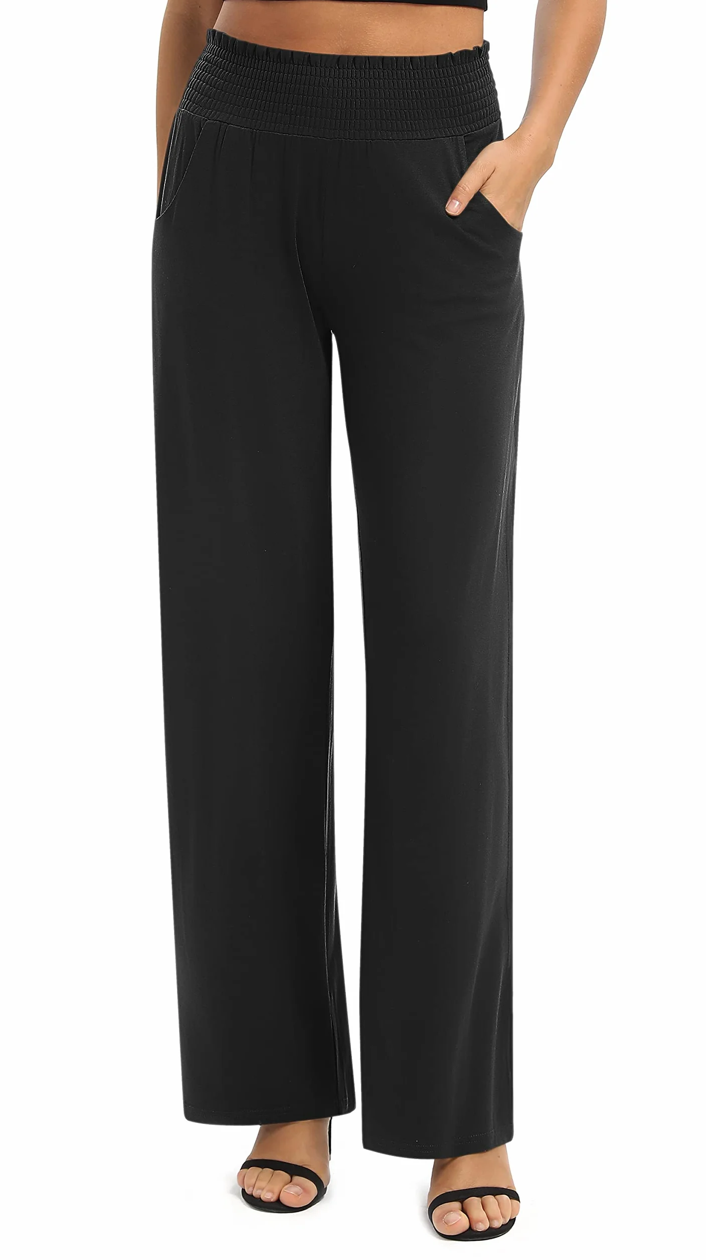 Donna Solido Sciolto Gamba Dritta Palazzo Pantaloni A Vita Alta Elastico Casual Pantaloni con Tasche