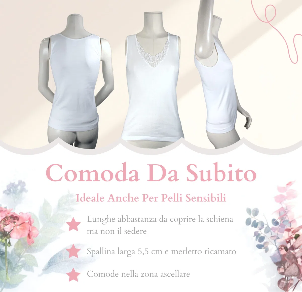 VP PINUCCIO VENEGONI Set 3 Canottiere Donna Spalla Larga in 100% Cotone Pettinato | Intimo Termico Made in Italy, Dettaglio Pizzo