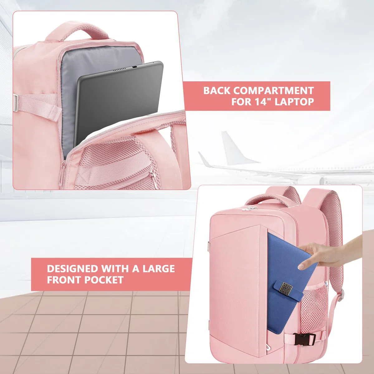 KIRFEIHT Zaino da Viaggio 40x30x20 per Ryanair 24L Bagaglio a Mano Aereo Piccolo - Borsa da Viaggio per Cabina, Zaini Universali per Uomo e Donna per Scuola Trekking Lavoro - Rosa