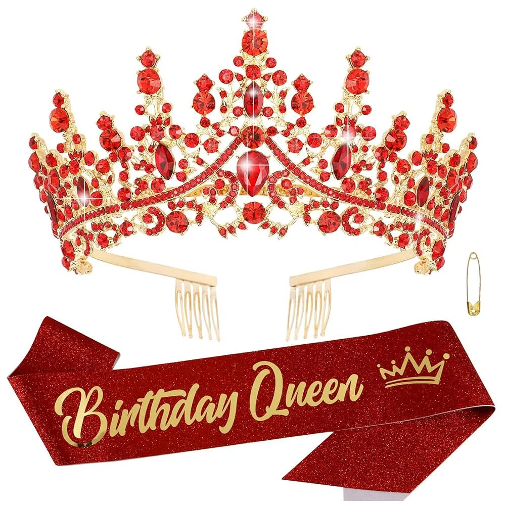 Rosso Fascia per Compleanno Ragazza Tiara, Oro Rosso Tiara Regina, Regalo Compleanno, Corona di Cristallo Tiara per I Compleanni Delle Ragazze