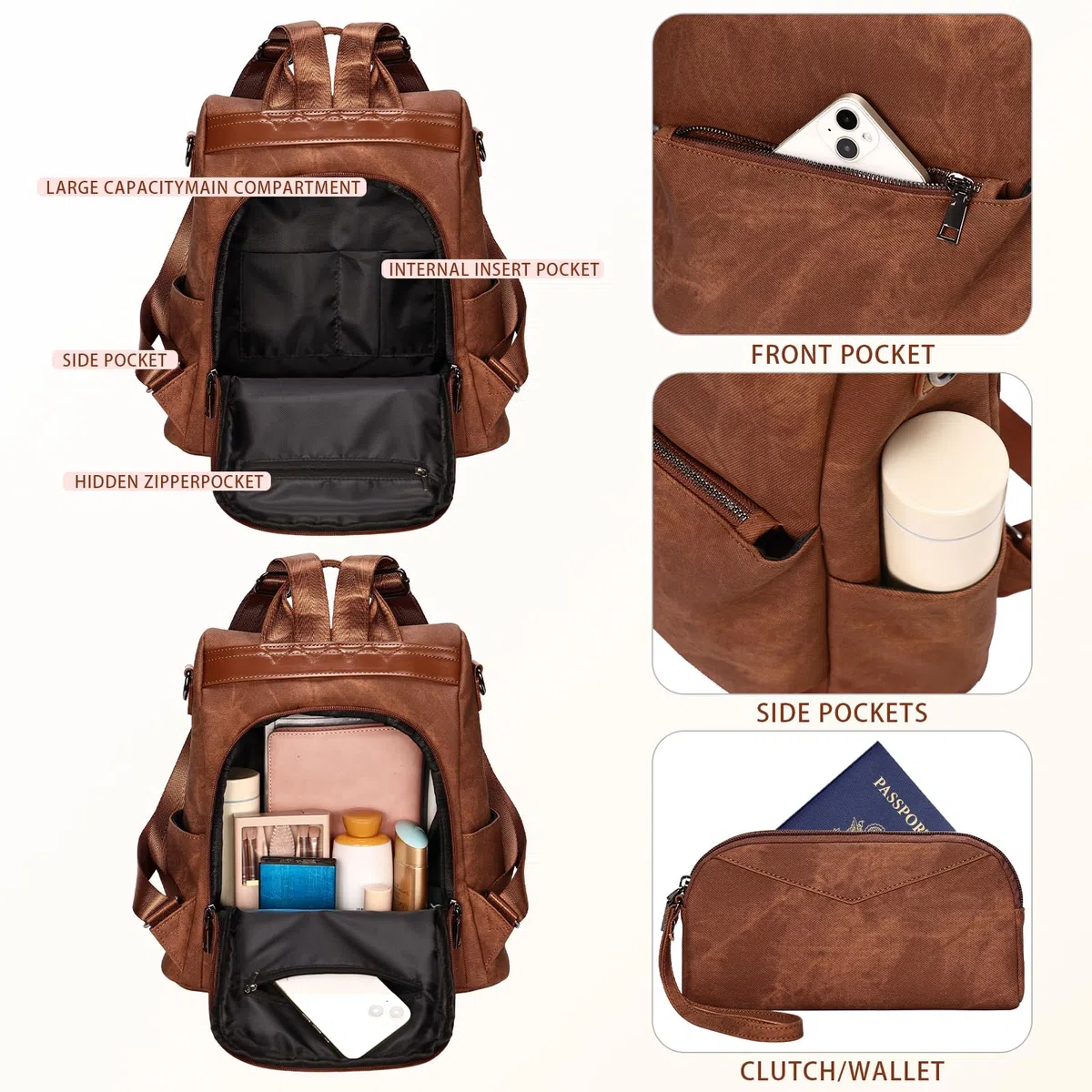 Leathario Zaino Da Donna Antifurto e a Prova di Spruzzi, Zainetto Multifunzionale in Pelle Vegana, Borsa Casual ed Moda per Viaggio, Scuola, Lavoro, Shopping, Visite e Università