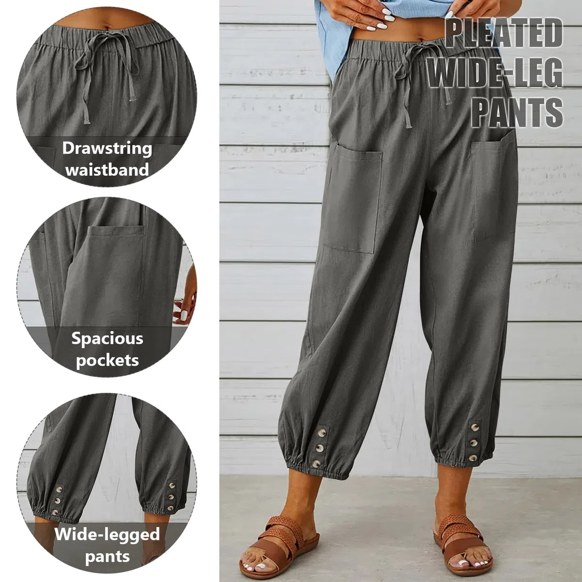 Pantaloni Donna Estivi Leggeri Cotone Pantaloni a 7/8 Gamba Larga Casual Pantaloni Cropped Harem Pants Elastici in Vita per Spiaggia Vacanze