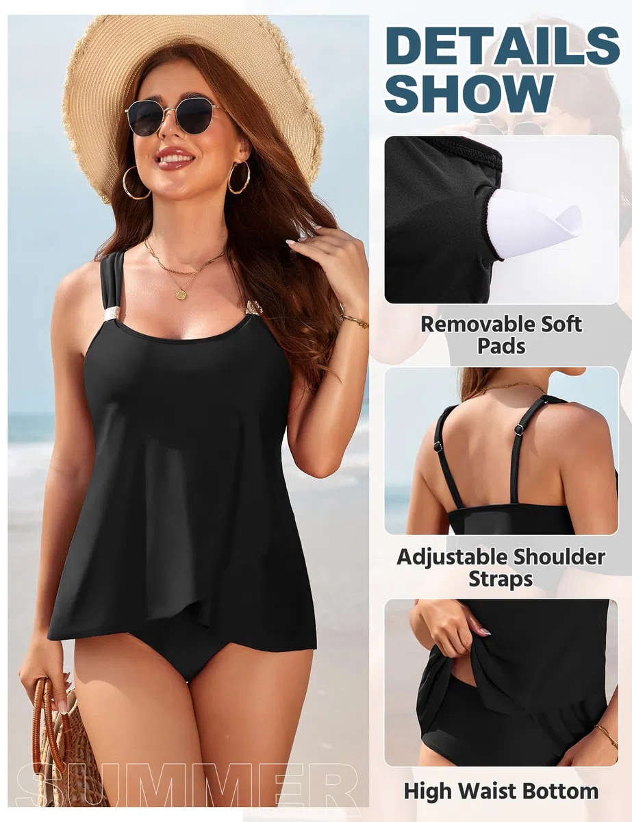 Svanco Tankini Donna Mare Curvy Costumi da Bagno Tankini, Traghetti Eleganti e Orlo Stratificato Fluido, Copertura Addominale