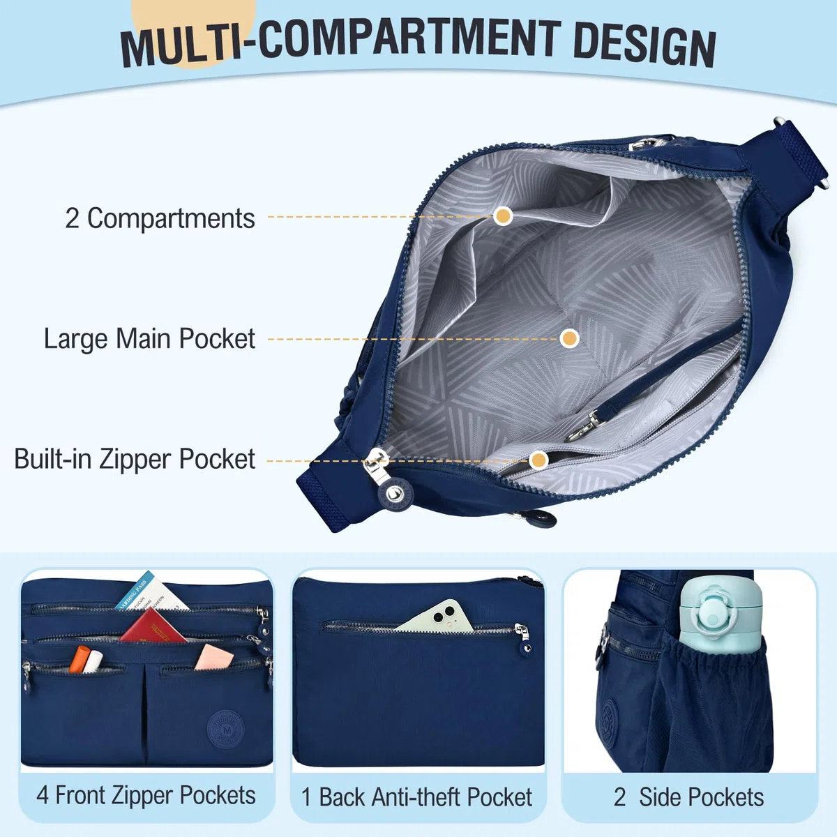 TEUEN Borsa Tracolla Donna Media Borse a Spalla Borsetta in Nylon Impermeabile Messaggero Borsa Crossbody di Grande Capacità con Multitasche per Lavoro Sportiva Scuola Viaggio
