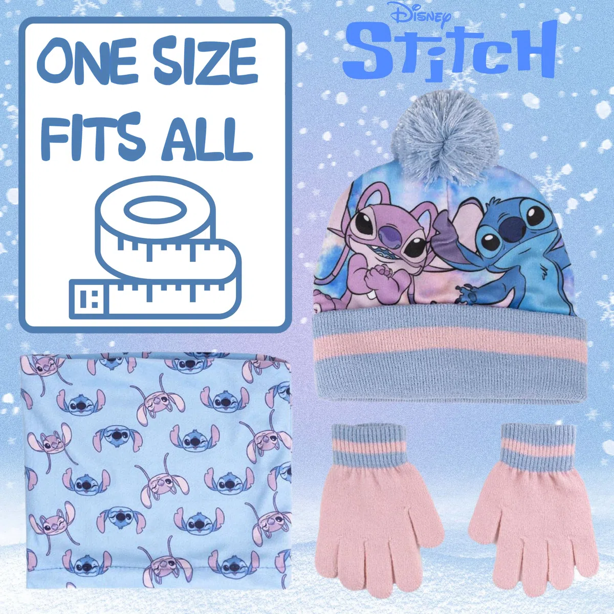 Disney Stitch & Angel Bobble Hat + Snood Sciarpa + Guanti Set Ragazze 3 Pezzi Inverno Set Regalo