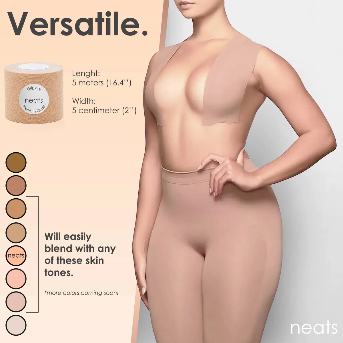 NEATS Boobytape ipoallergenico per sollevamento del seno, senza cuciture, senza spalline, per petto, corpo, vestito, top, nastro di sollevamento per donne con copertura per capezzoli e nastri alla