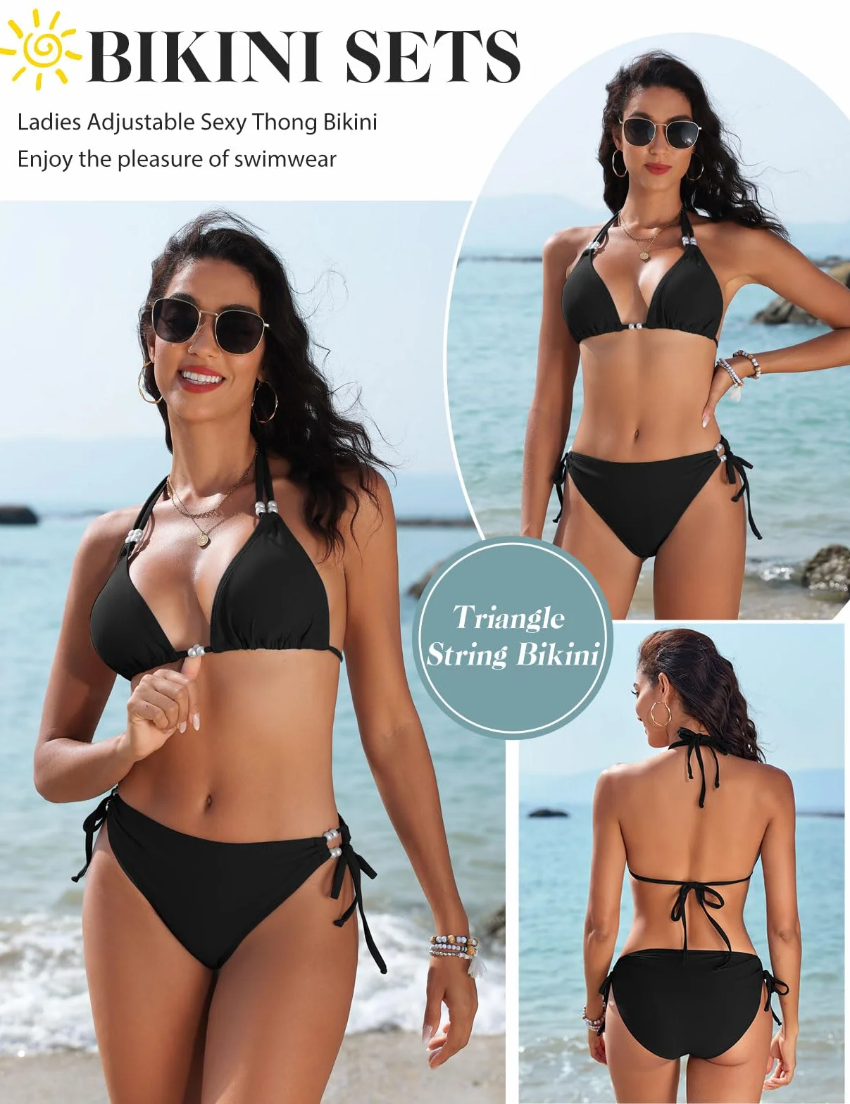 CMTOP Costume Donna Due Pezzi Bikini Set da Mare Halter Triangolo Costumi da Bagno Vita Alta Bikini con Coulisse Laterale Sexy Brasiliana Beachwear Regolabile Costume da Bagno