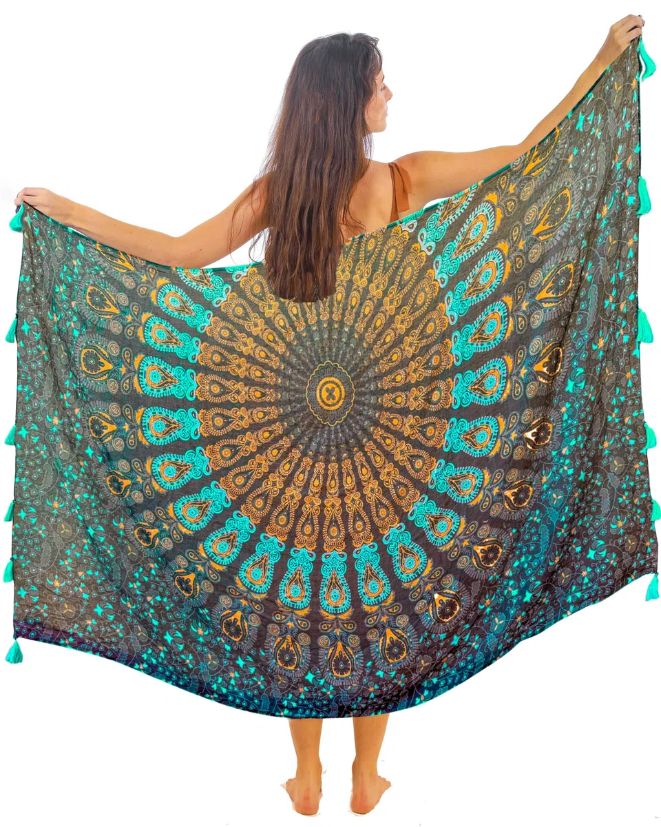 Pareo/Sarong/Copricostume Boho Mandala con Nappe - Cotone Super Morbido e Leggero, Stampa Pavone Indiano Grande