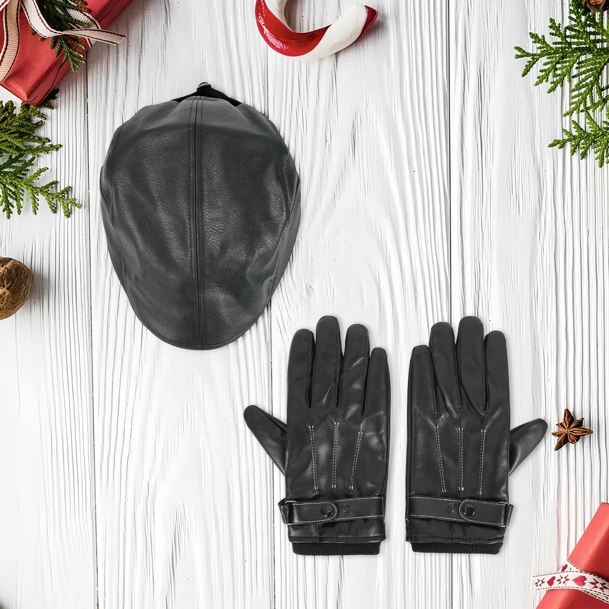 Set di Cappello in Pelle e Guanti in Pelle Uomo,Cappello Invernale Guanti da Uomo a Dita piene Caldi Béret Retro