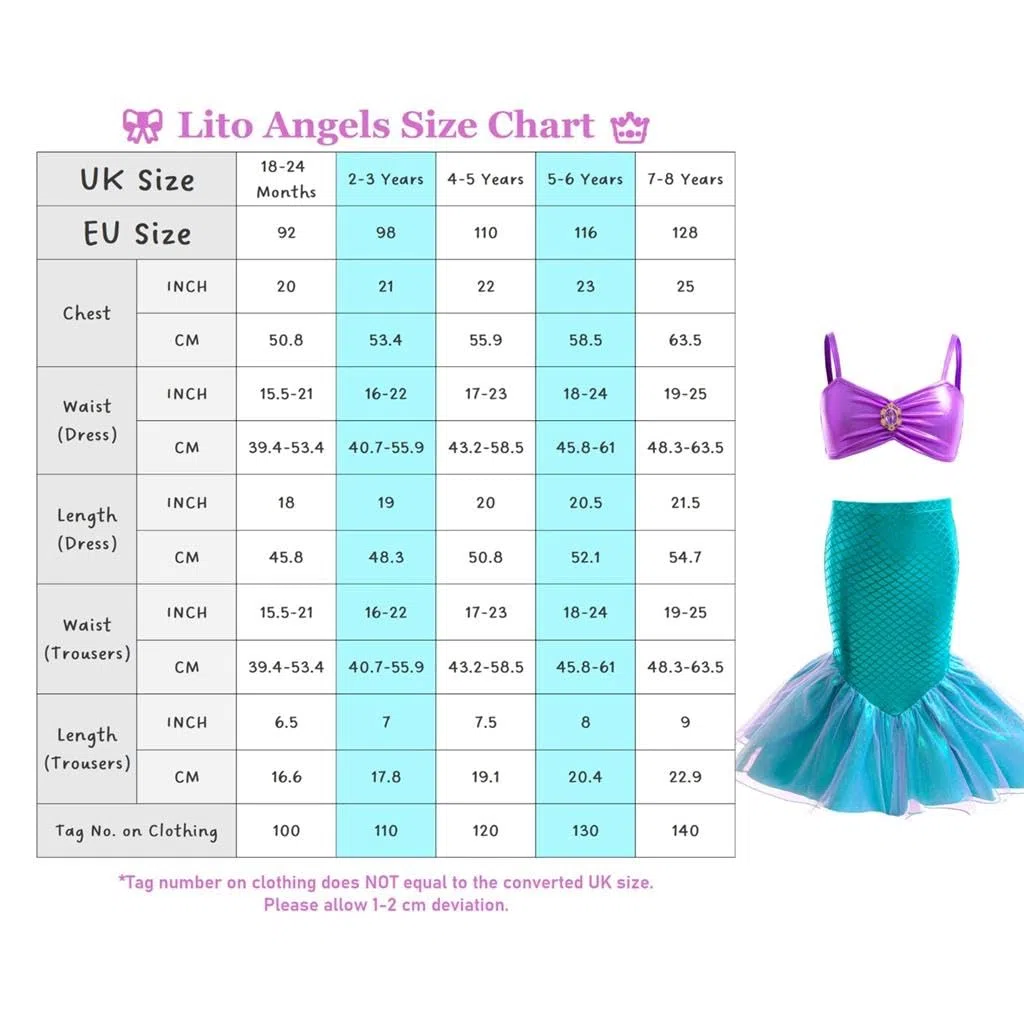 Lito Angels Vestito Costume da Bagno Tankini Due Pezzi Principessa Squame di pescecon Gonna per Bambina Taglia 2-9 Anni
