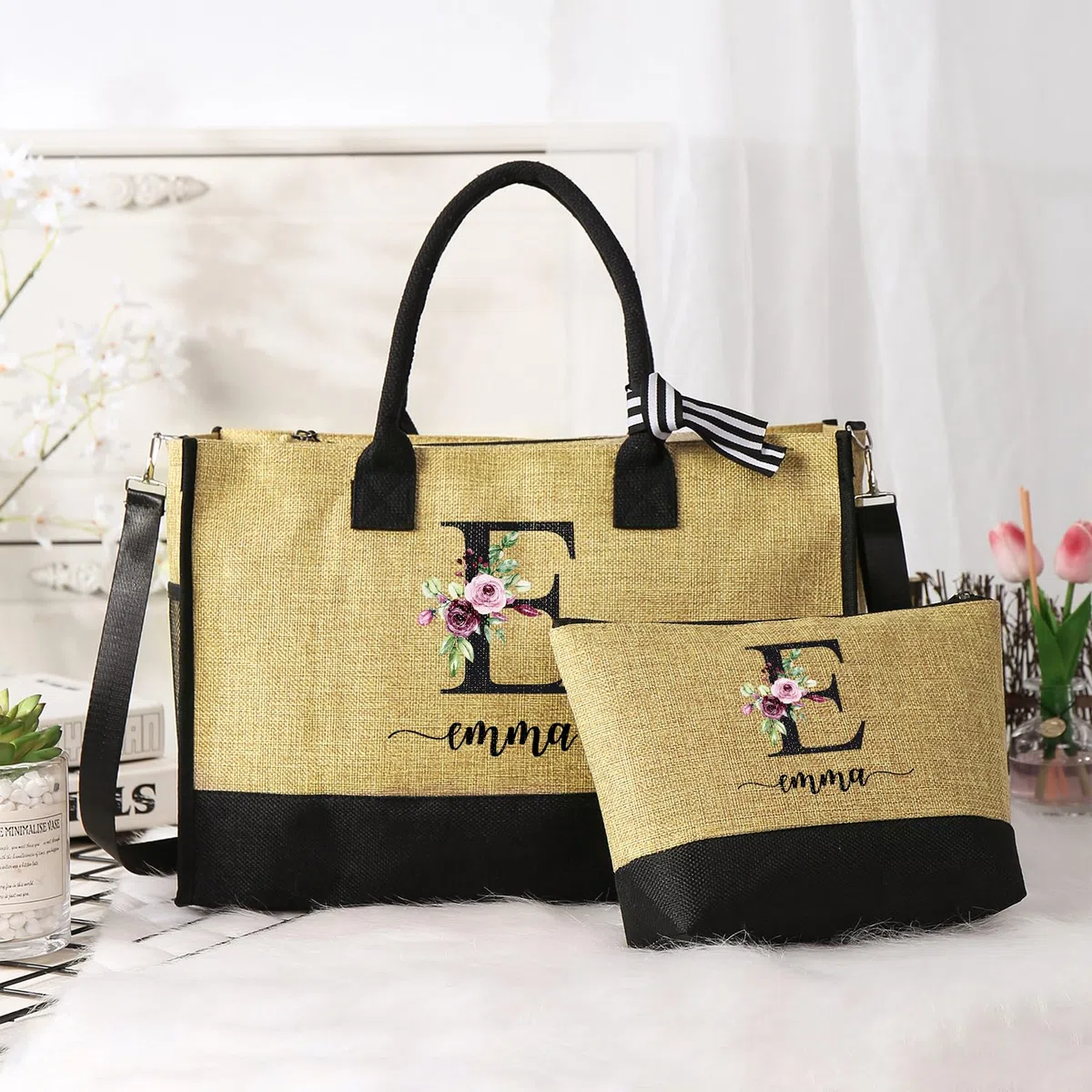 jewelora Borsa Mare Donna Tote Bag Personalizzata con Nome per Mamma Insegnante Fidanzata Damigelle Borsa da Viaggio Grande Shopper Bag Donna per Matrimonio Viaggio Spiaggia Vacanza