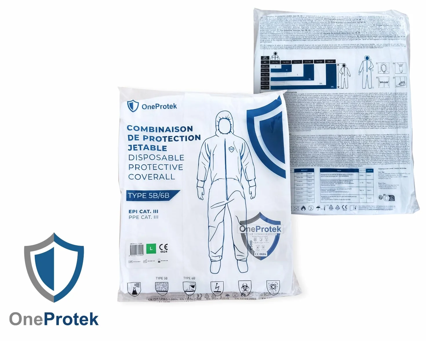 Tuta protettiva usa e getta, tipo 5-B/6-B, protezione chimica, biologica, fai da te, pittura, chiusura lampo con patta - L, bianco (1 pezzo), bianco, L