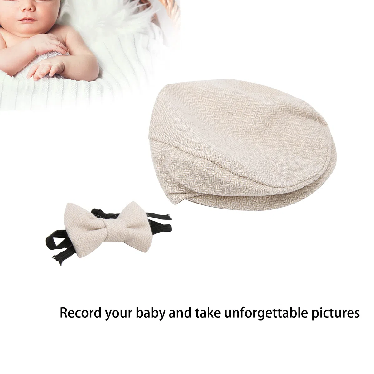 Cappello da Gentiluomo con Berretto Piatto Papillon Fotografia Prop Neonato Fotografia Puntelli Cappello con Papillon Set(Beige)