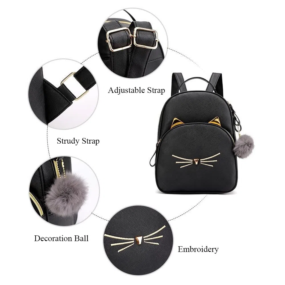 Borsa A Tracolla Per Zaino Carino Gatto Cartone Animato Per Donna Borsa A Tracolla In Pelle PU Con Zaino Per Il Tempo Libero (Nero)
