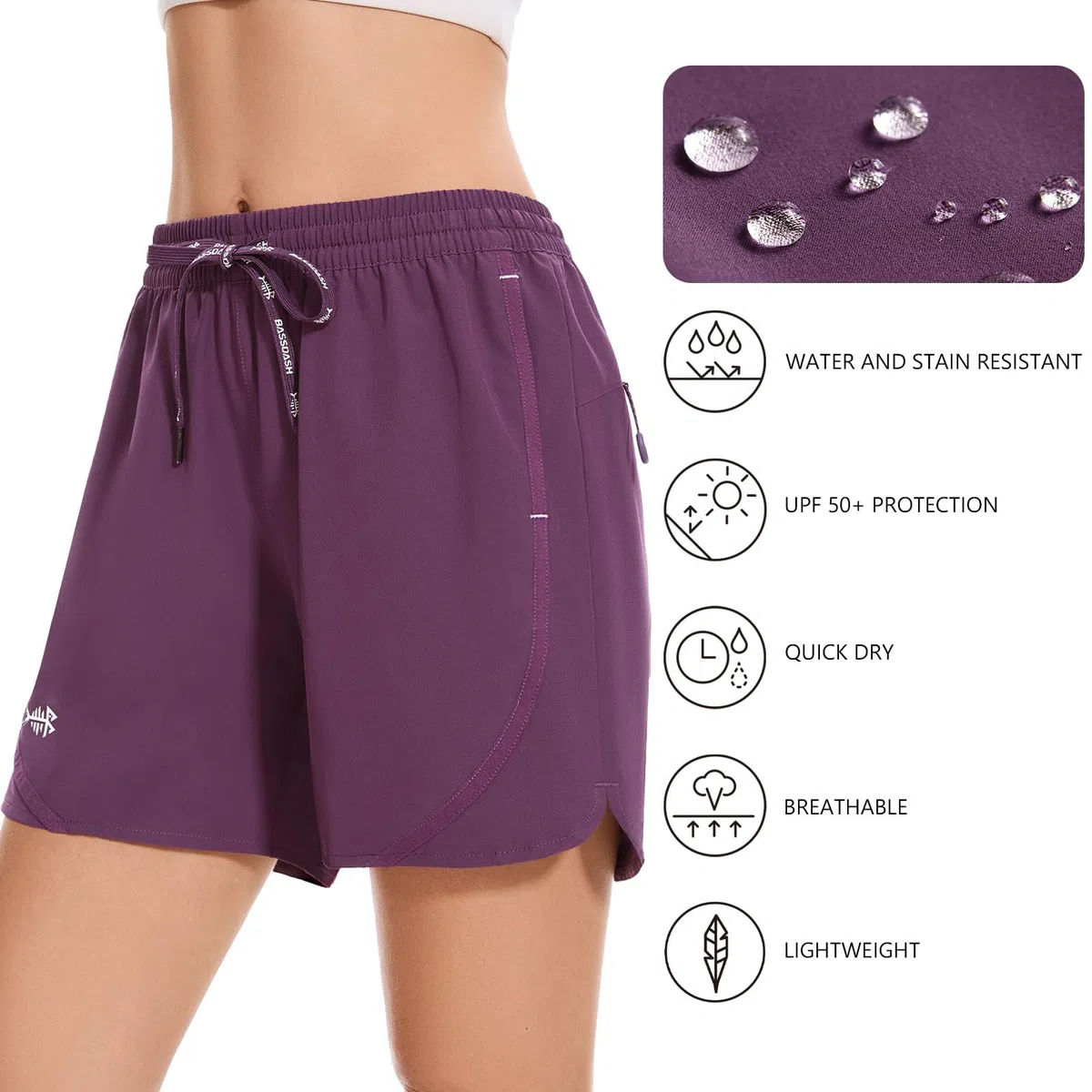 Bassdash UPF 50+ Donna Pantaloncini Shorts da 5” Leggeri per Trekking Escursionismo Impermeabili ad Asciugatura Rapida con Cerniera FP05W