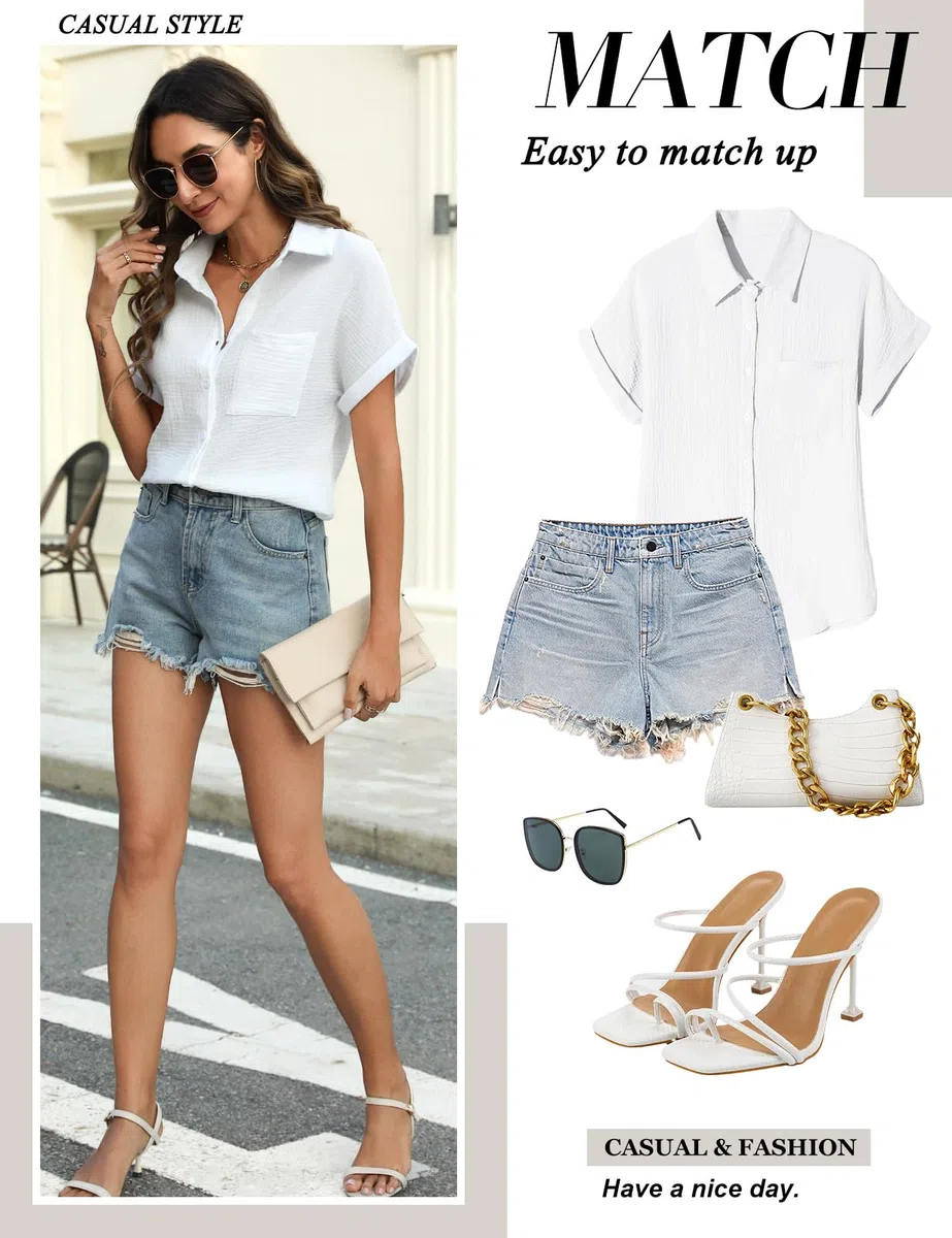 Camicia Donna Estiva Camicetta Manica Corta da Donna Casual Cotone Elegante Blusa con Scollo a V Maglietta con Bottoni Moda Tinta Unita Tunica Classico Top T Shirt