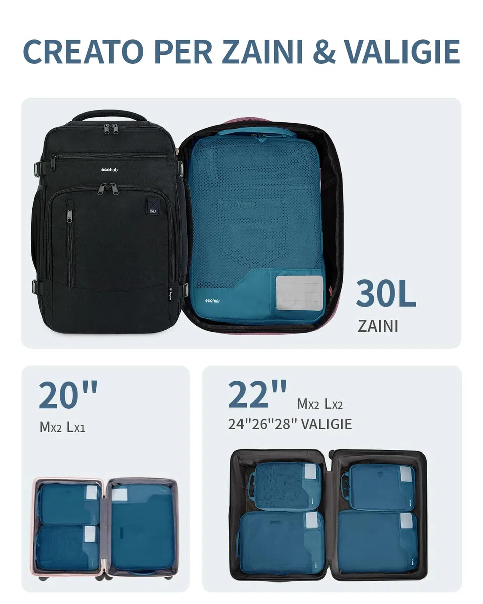 ECOHUB Compressione Organizer da Viaggio, 4 Pezzi Borsa Organizzatori per Valigie con Etichetta, Packing Cube per Borse da Viaggio Riciclate per Zaino, Verde acqua