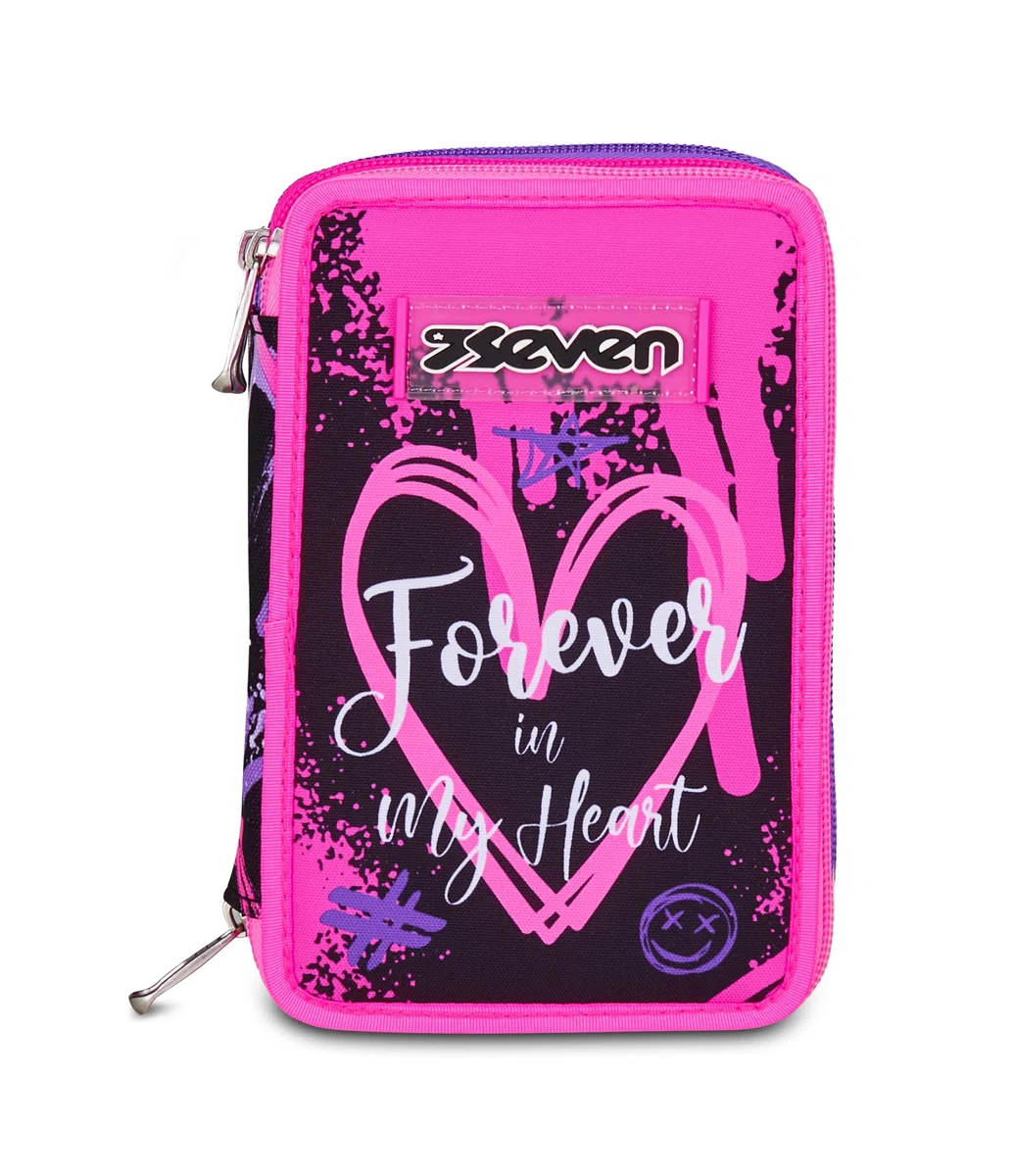 Seven Astuccio Scuola Elementare, 3 scomparti, Medie, con Matite, Pennarelli, Penne, 3 Zip, Lovely Elements, Bambina e Ragazza, rosa/viola