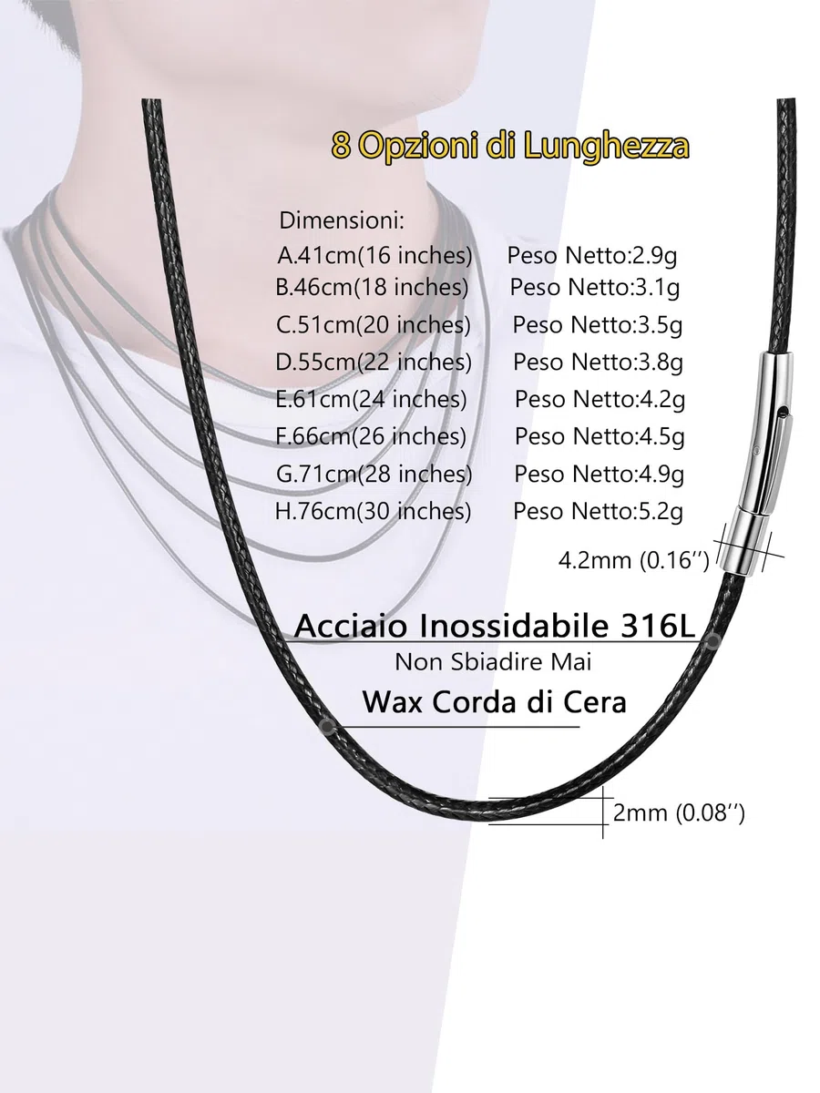 PROSTEEL 2MM Collana in Pelle Caucciu Cordina Nera Impermeabile Uomo Acciaio 41-76CM Corda di Cuoio Accessori Ciondoli