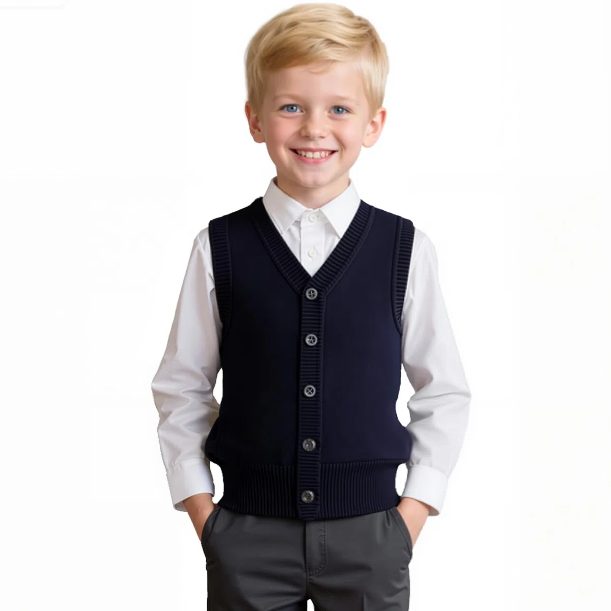 Yanmucy Gilet lavorato a maglia con scollo a V, senza maniche, per uniforme scolastica, per bambini dai 5 ai 14 anni