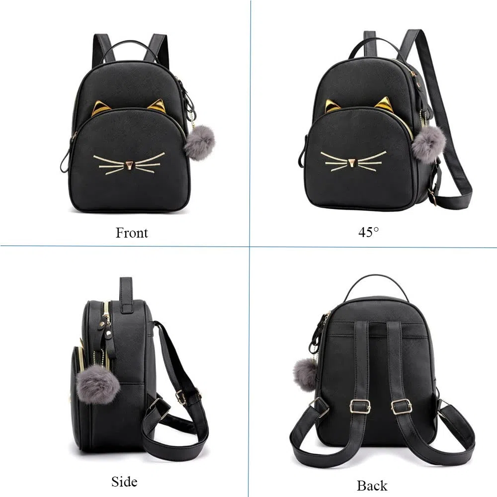 Borsa A Tracolla Per Zaino Carino Gatto Cartone Animato Per Donna Borsa A Tracolla In Pelle PU Con Zaino Per Il Tempo Libero (Nero)
