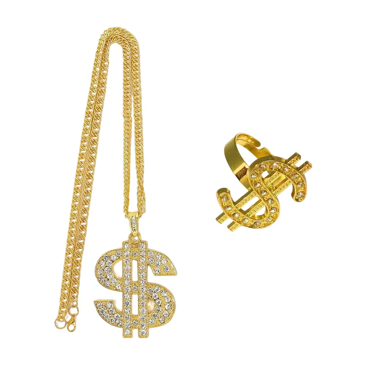 Kit Costume Hip Hop, Collane Segno Dollaro Con Anello Aperto, Anello Con Segno Dollaro, Catena Con Strass, Dollaro Zeichen Halskette Ring Set, Accessori Tema Festa Für Männer Frauen