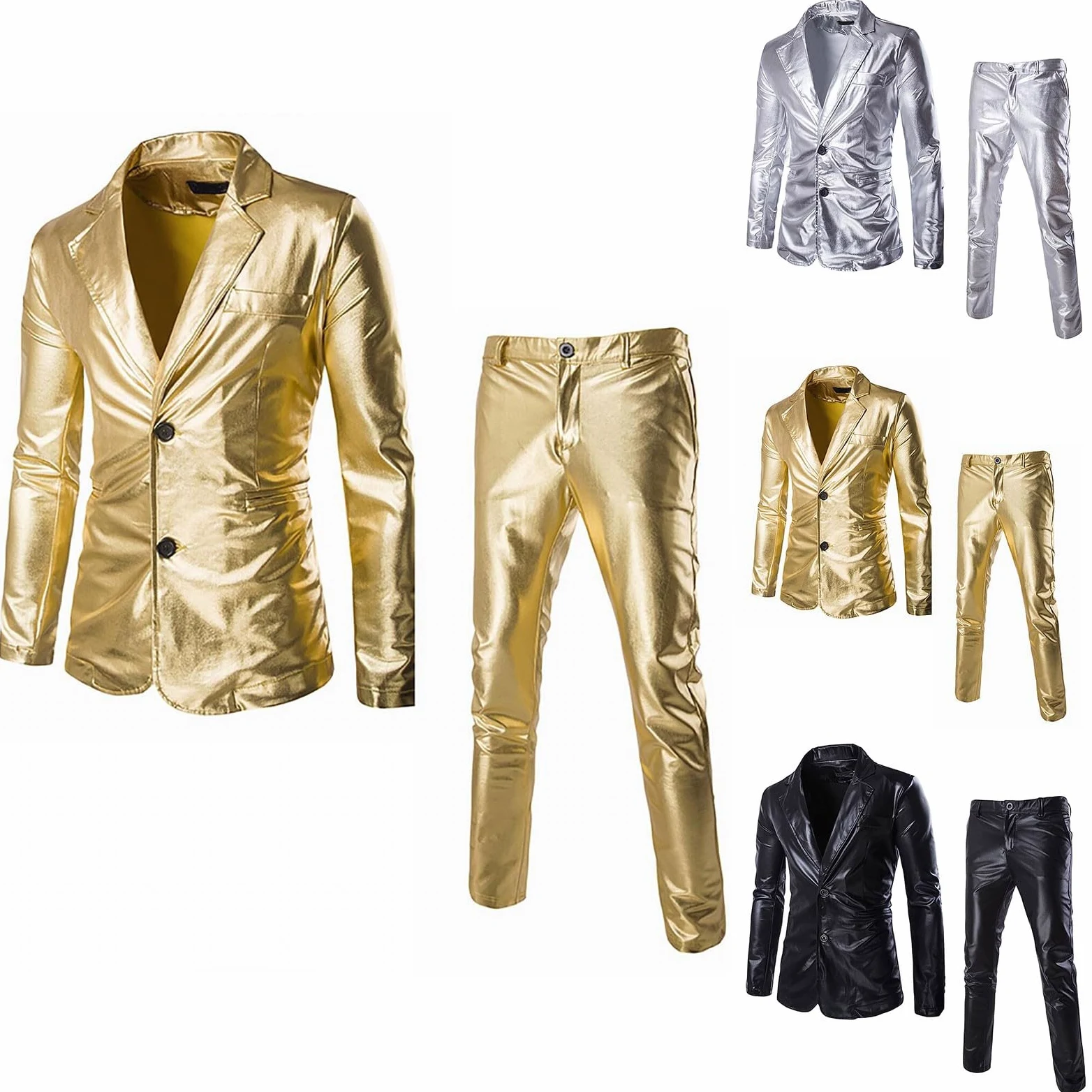 Generisch Costume da smoking da uomo, 2 pezzi, slim fit, per feste, discoteca, carnevale, giacche metalliche lucide, pantaloni da notte
