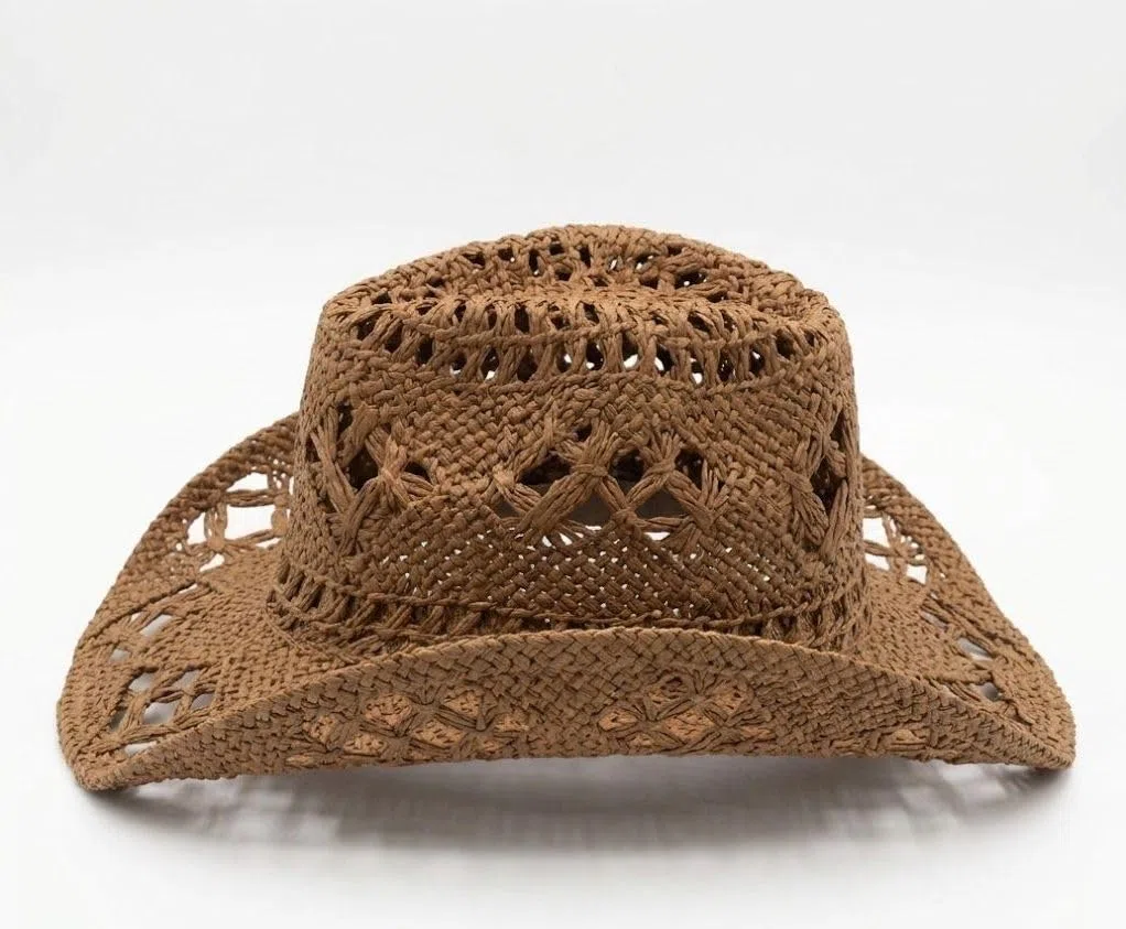 Cappello da Cowboy in Paglia Marrone Chiaro per Donna e Uomo - Cappello Western Estivo Traforato a Tesa Larga per Spiaggia e Viaggi V002