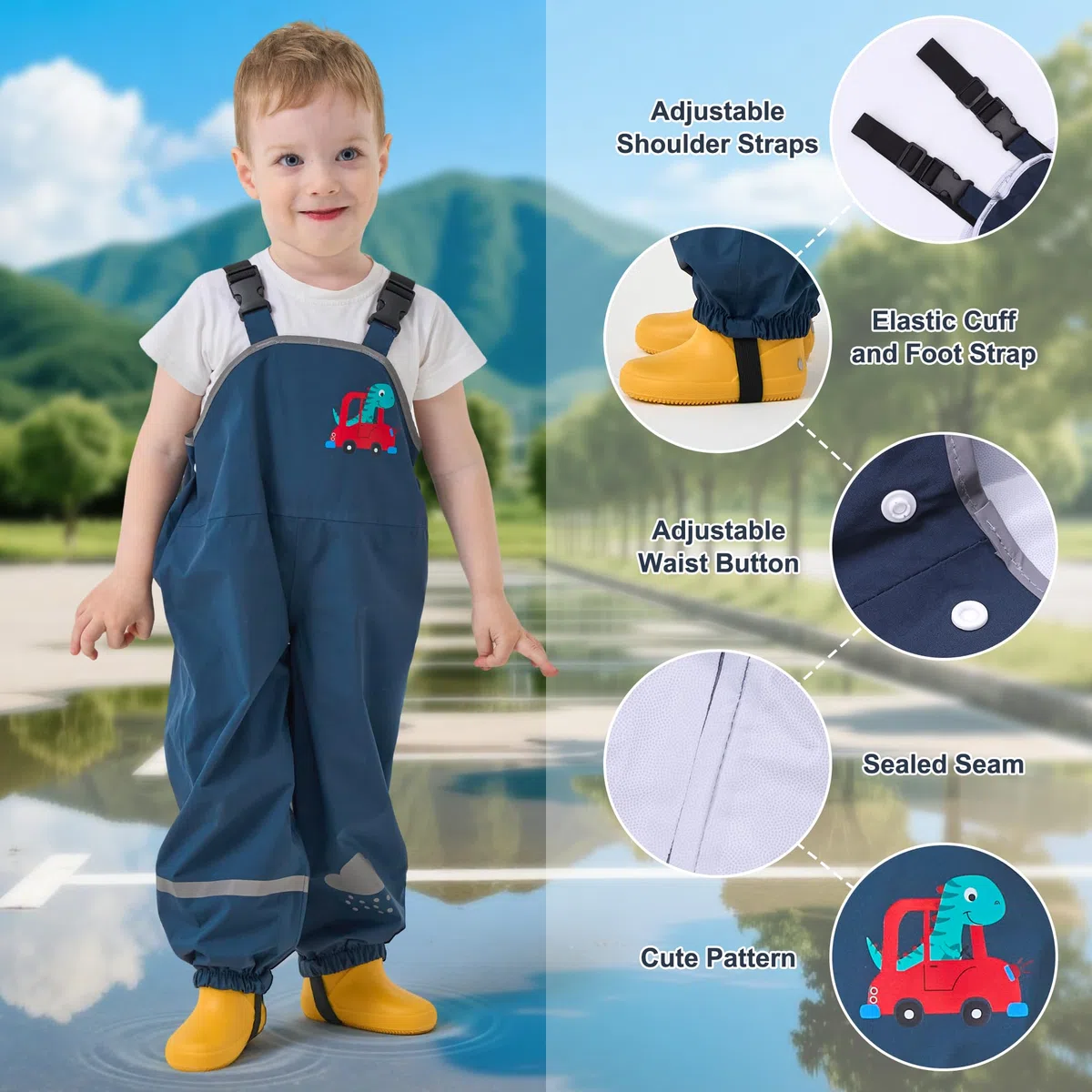 Pantaloni Impermeabili Bambini, Unisex Leggero Salopette Antipioggia Pantalone da Pioggia con Strisce Riflettenti Non Imbottiti Ragazze Ragazzi Impermeabile Abbigliamento, per 2-7 Anni
