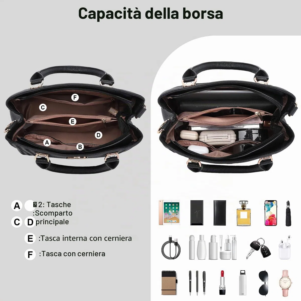 Miss Lulu Borsa Mano Donna Elegante, Borse Università Tracolla Regolabile, PU Pelle Impermeabile, Molte Tasche Scomparti, Tote Bag Borsetta Grande Lavoro