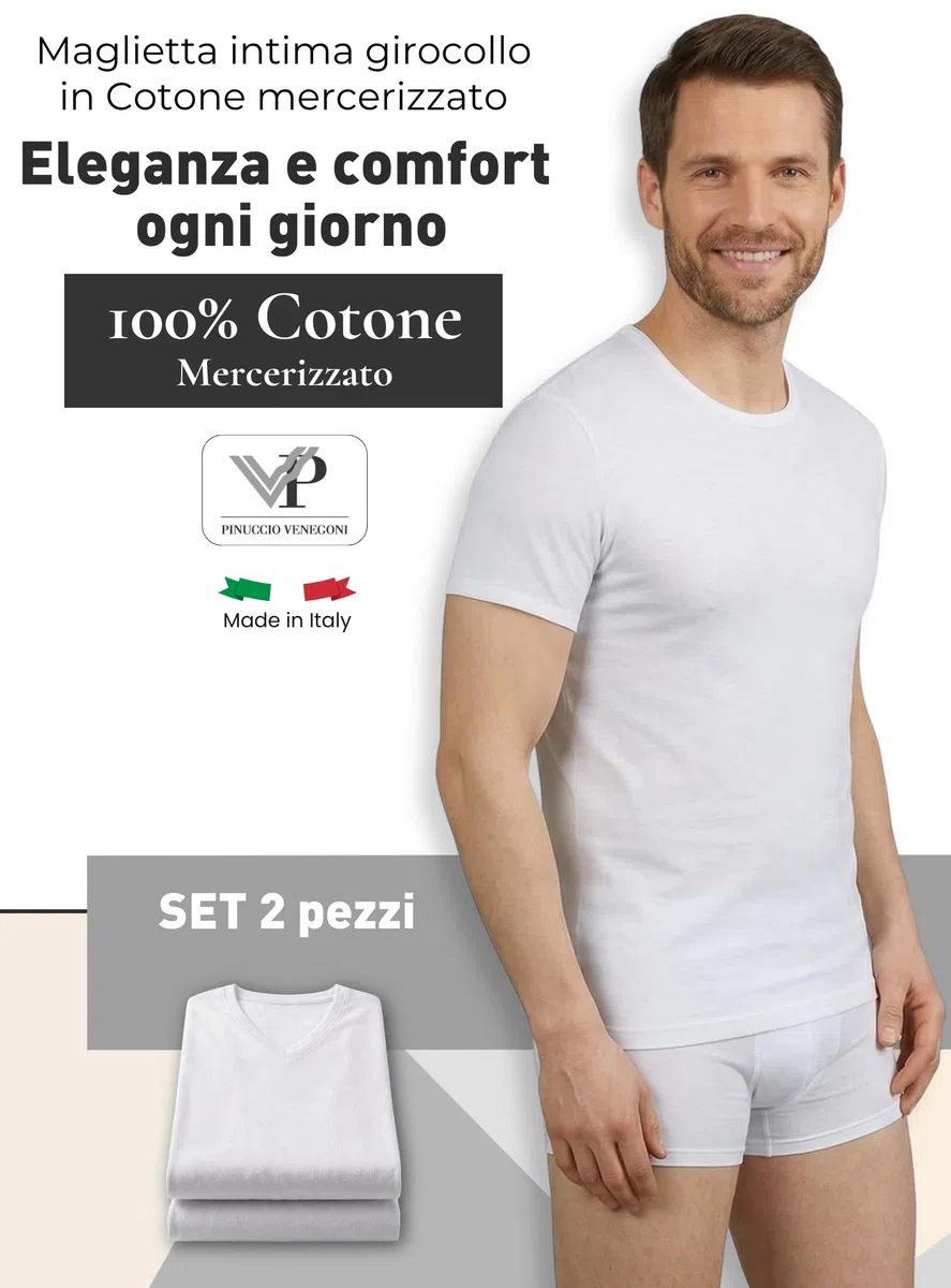VP PINUCCIO VENEGONI Set da 2 Magliette Intime Uomo Cotone | Girocollo, Manica Corta, Bianche e Nere, Comfort Quotidiano | Made in Italy