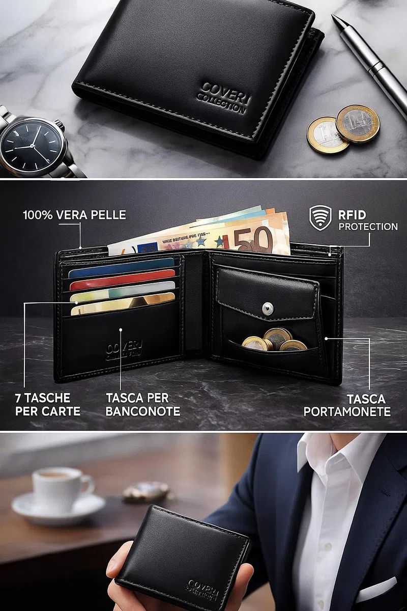 COVERI COLLECTION Portafoglio Uomo in Vera Pelle – Elegante e Resistente – Porta Carte, Documenti e Banconote – Confezione Regalo. (Nero)