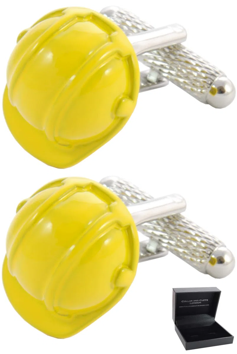 Gemelli Camicia Uomo Fai da te - Con Scatola - Ottone - Cappello Duro - Giallo Colorato - Ingegnere Costruttore Costruttore Supervisore - Un Paio