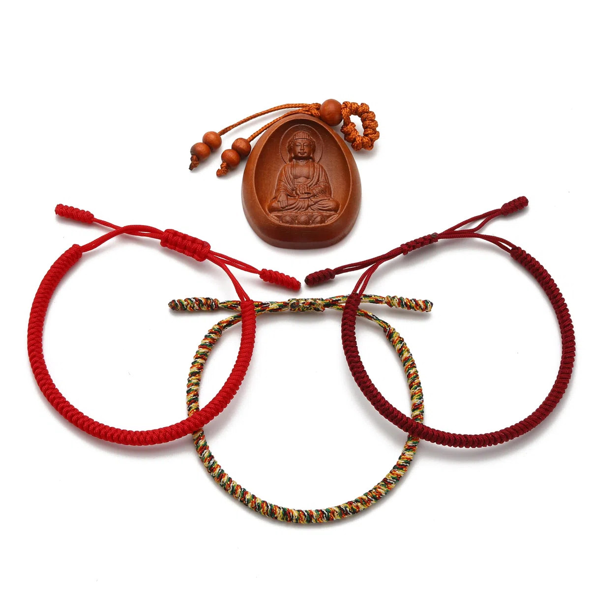 LUCKY BUDDHIST 3 Bracciali Tibetani Buddisti Regolabili – Bracciali in Corda Intrecciata per Uomo e Donna – Include Portachiavi Buddha in Legno